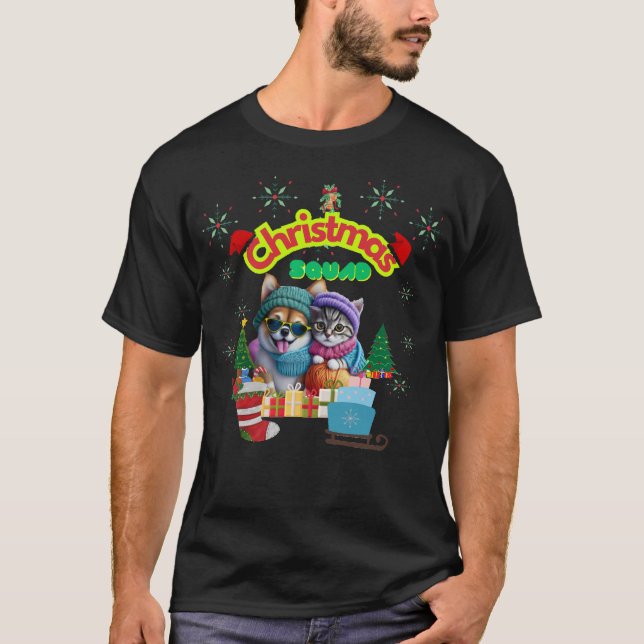 T-shirt Cute dog and cat Christmas squad design  (Devant)