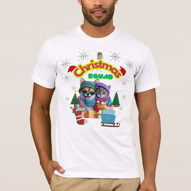 T-shirt Cute dog and cat Christmas squad design  (Devant)
