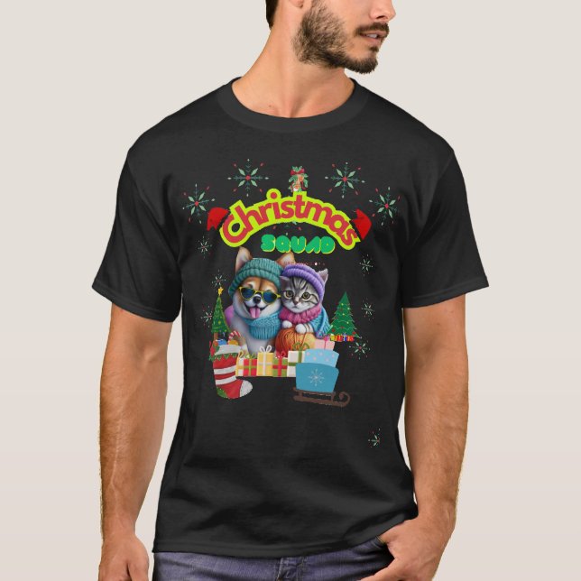 T-shirt Cute dog and cat Christmas squad design  (Devant)