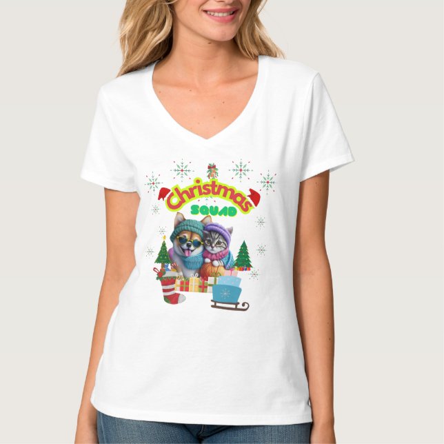 T-shirt Cute dog and cat Christmas squad design  (Devant)