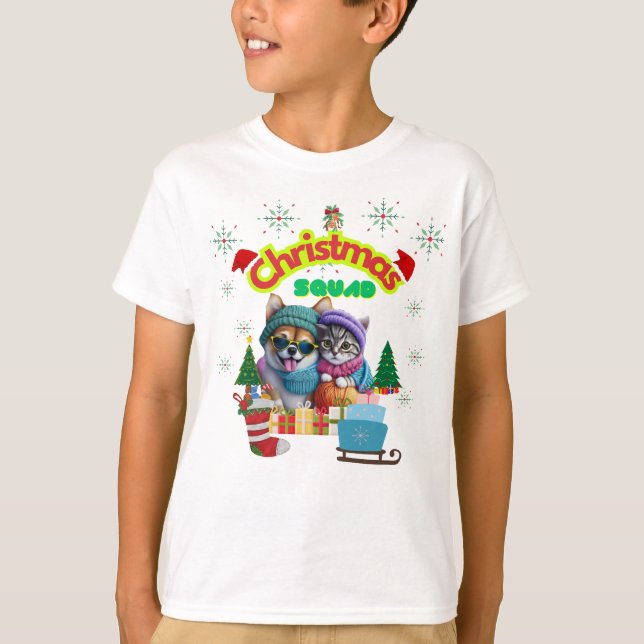 T-shirt Cute dog and cat Christmas squad design  (Devant)