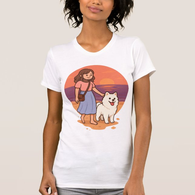 T-shirt Cute Dog Mom Walking Fluffy Pup on Sunset Beach  (Devant)