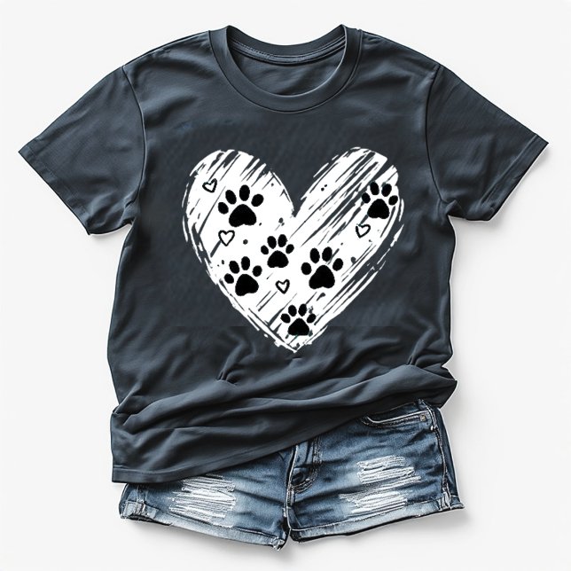 T-shirt Cute Dog Paw Prints Brushstroke Heart Black  (Créateur téléchargé)