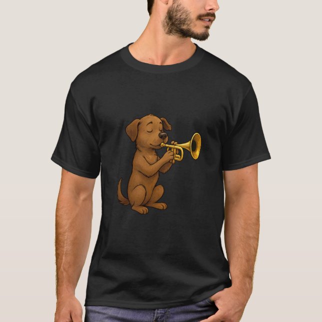 T-shirt Cute Dog Playing Trumpet, Funny Dog Trumpet (Devant)