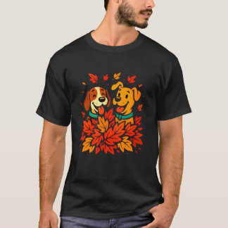 T-shirt Cute Dogs Playing in Autumn Leaves Fall Puppy Dog