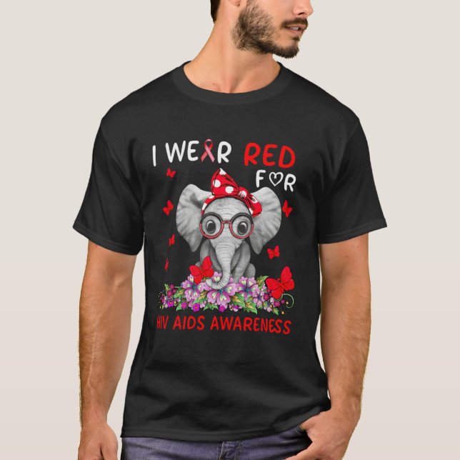 T-shirt Cute Elephant Wear Red Ribbon For HIV AIDS Awarene (Devant)