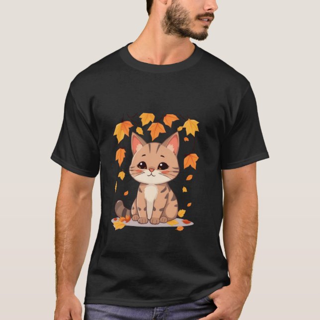 T-shirt Cute Fall Cat Autumn Leaves Gold Orange Art ✨🐾🍂 (Devant)
