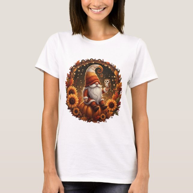 T-shirt Cute Fall Gnome on Pumpkin with Owl (Devant)