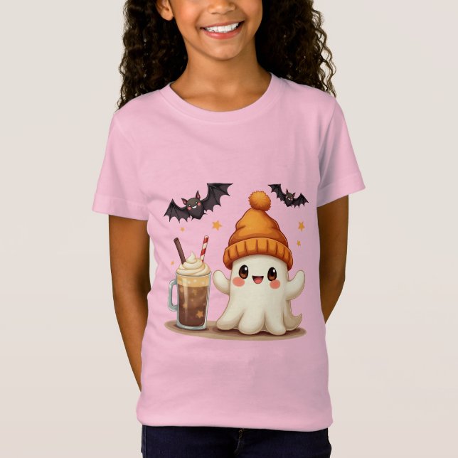 T-Shirt Cute fantôme avec café et chauves-souris Halloween (Devant)