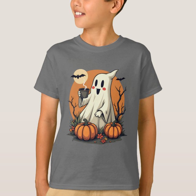 T-shirt Cute fantôme avec café et Halloween Citrouille (Devant)