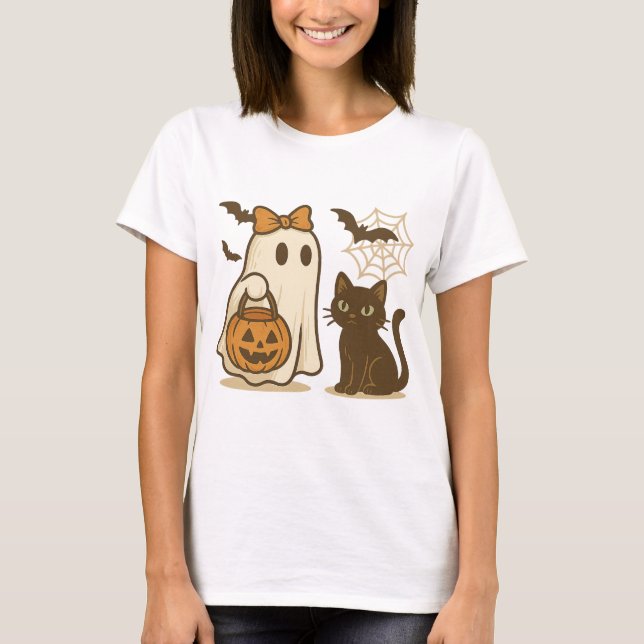 T-shirt Cute fantôme avec cou et chat noir - Éffrayant Kaw (Devant)