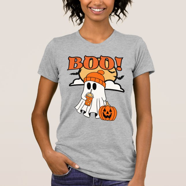 T-shirt Cute fantôme d'Halloween Sipping sur une latte gla (Devant)