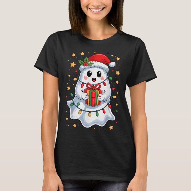 T-shirt Cute Fantôme Lumières Arbre Gâteau Joyeux Noël Drô (Devant)