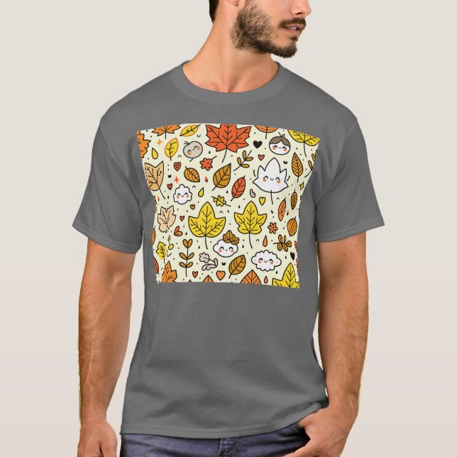 T-shirt Cute Feuilles d'automne et Motif nuageux à Kawaii  (Devant)