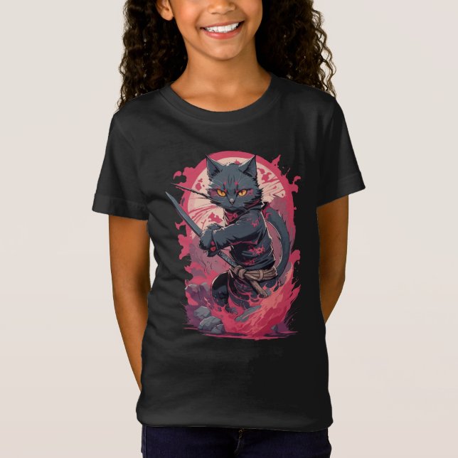 T-Shirt Cute Fire Splash Noir Ninja Chat Guerrier (Devant)