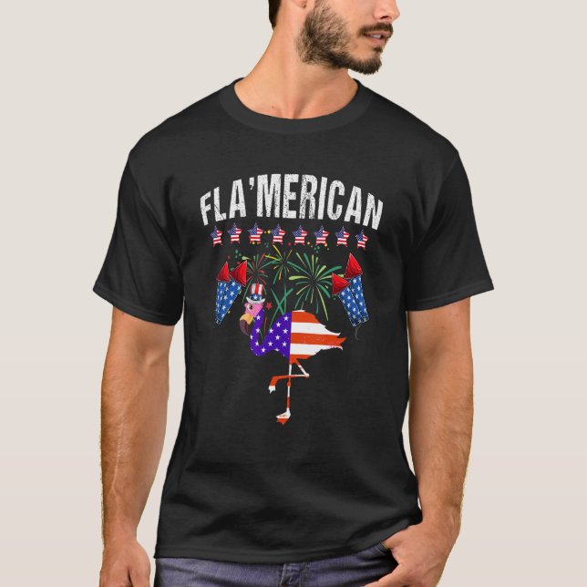 T-shirt Cute Flamingo US Flag 4th Of July Flamerican Firew (Devant)