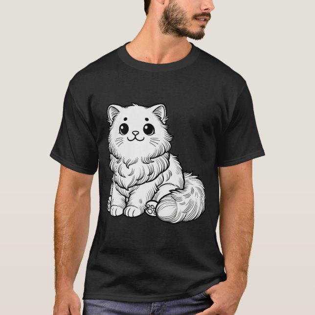 T-shirt Cute Fluffy Chat noir blanc (Devant)