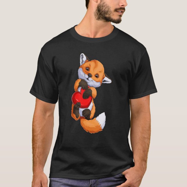 T-shirt Cute Fox Heart Valentine's Day Boys Kids Fox Anima (Devant)