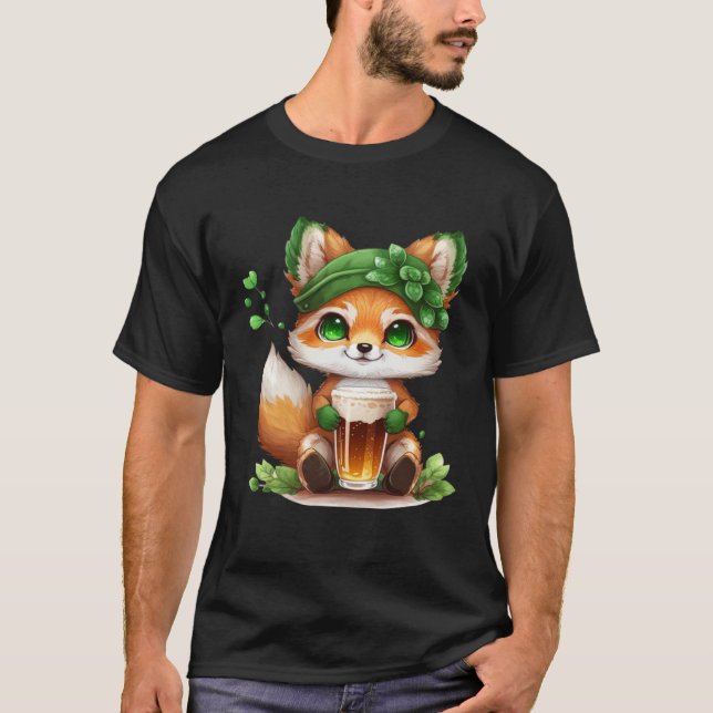 T-shirt Cute Fox Loves Beer St Patrick s Day (Devant)