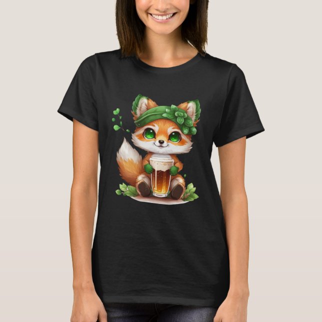 T-shirt Cute Fox Loves Beer St Patrick s Day (Devant)