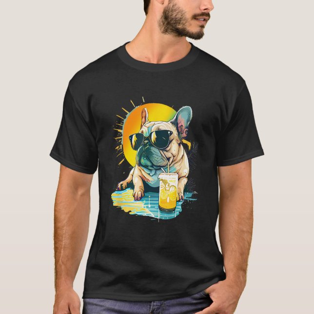 T-shirt Cute French Bulldog chillin tropical drink on summ (Devant)