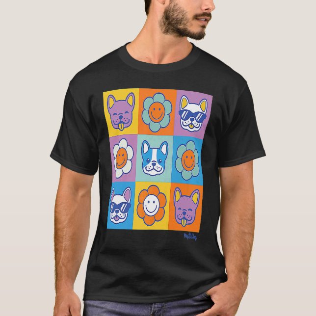T-shirt Cute French Bulldogs with Retro Smiling Daisy Flow (Devant)