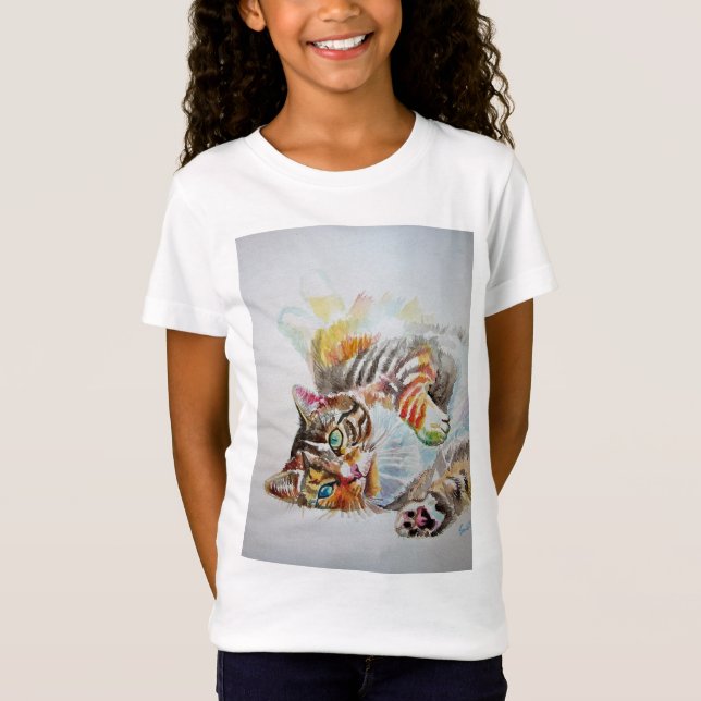 T-Shirt Cute Frisky Tabby Chat chats art Filles T Chemise (Devant)