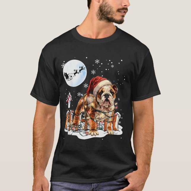 T-shirt Cute Funny English Bulldog Christmas Lights Santa  (Devant)