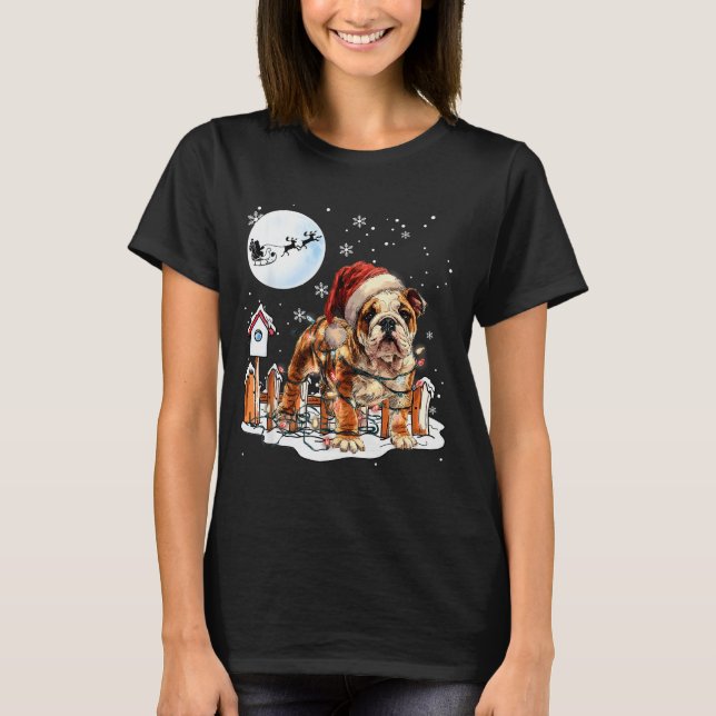 T-shirt Cute Funny English Bulldog Christmas Lights Santa  (Devant)