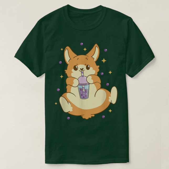 T-shirt Cute Funny Fox Drinking Boba Tea Bubbles Anime  (Design devant)