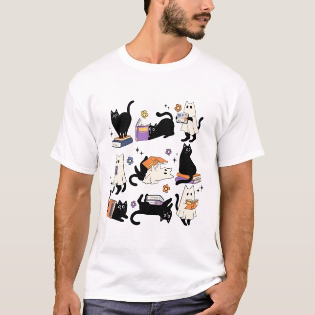 T-shirt Cute Ghost Black Cat Lecture Livres Éffrayant Hall (Devant)