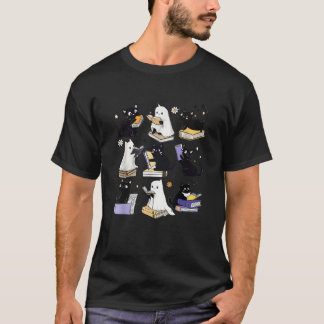 T-shirt Cute Ghost Black Cat Lecture Livres Éffrayant Hall