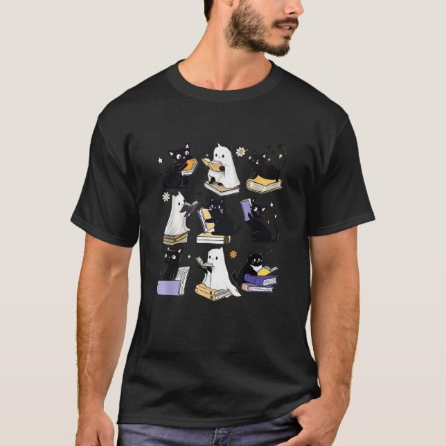 T-shirt Cute Ghost Black Cat Lecture Livres Éffrayant Hall (Devant)