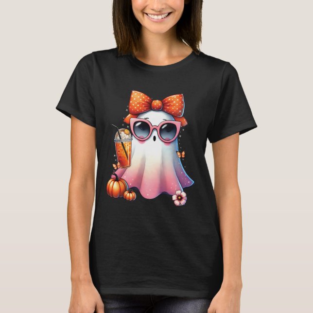T-shirt Cute Ghost Boire Café Avec Halloween Bow Femmes (Devant)
