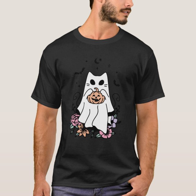 T-shirt Cute Ghost Chat Citrouille Halloween Costume Homme (Devant)