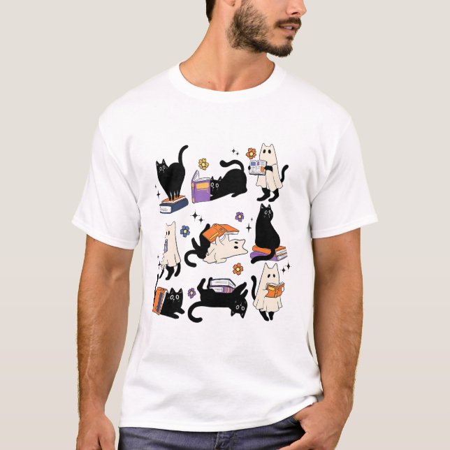 T-shirt Cute Ghost Chat Lecture Livres Lover Bookish Hallo (Devant)