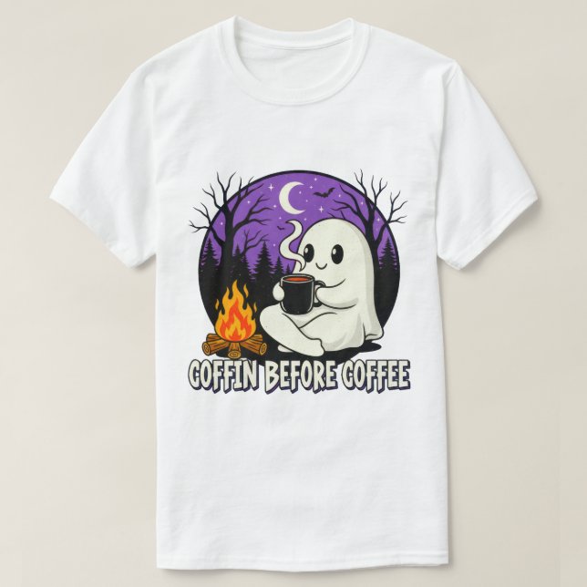 T-shirt Cute Ghost Coffee Lover Conception du camping (Design devant)
