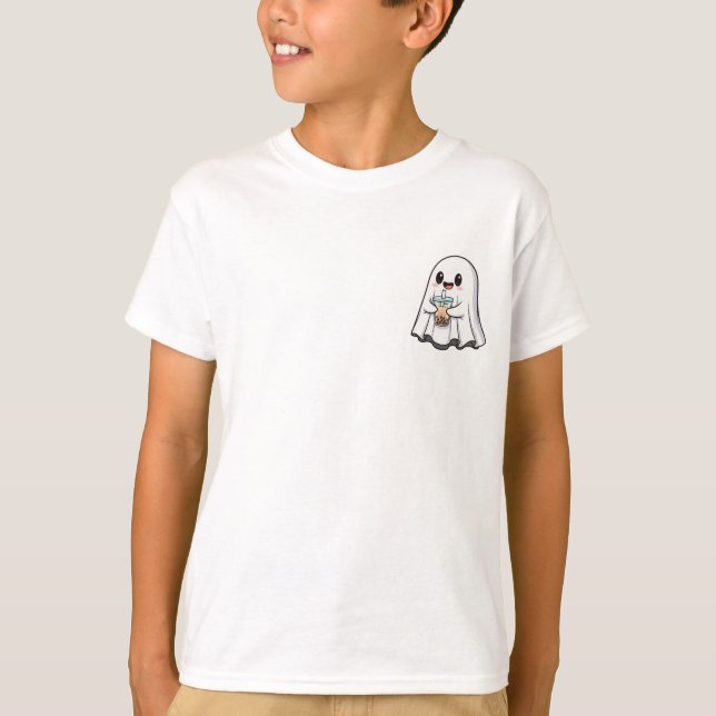T-shirt Cute Ghost Holding Boba Tea Kids (Devant)