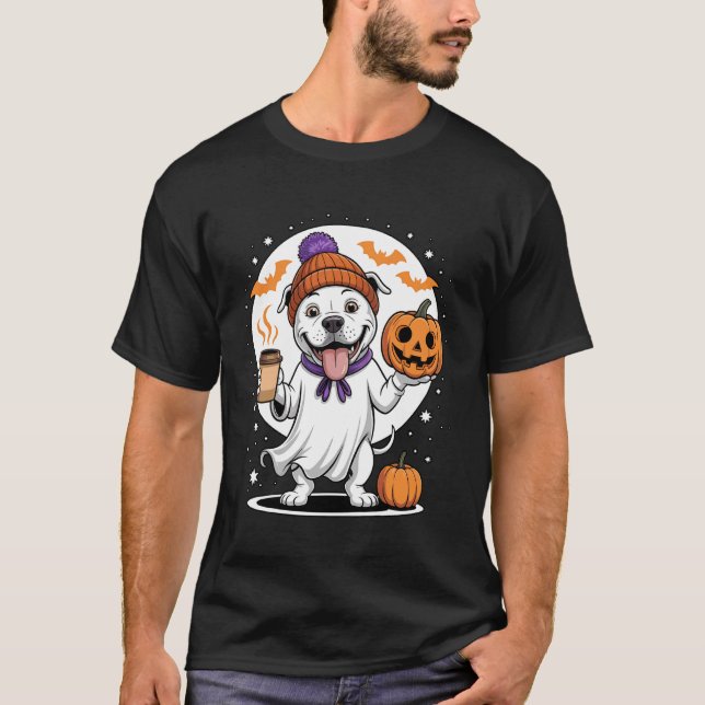 T-shirt Cute Ghost Pitbull Dog Pumpkin Drinks Beanie Fall  (Devant)