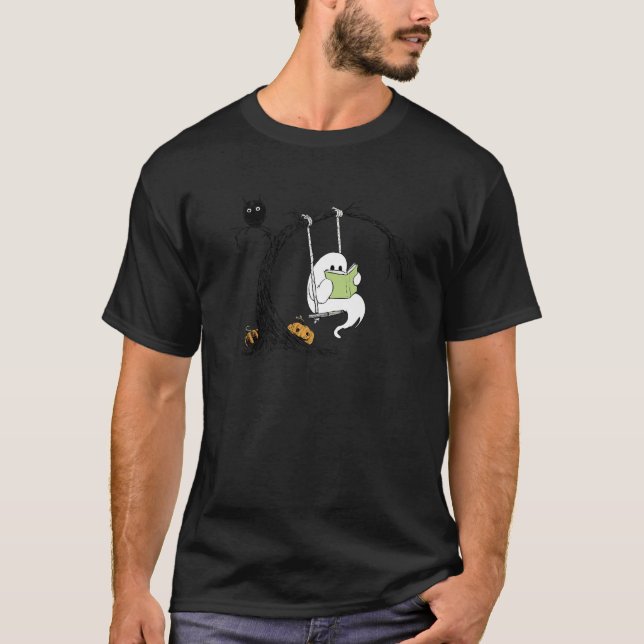T-shirt Cute Ghost swing livre de lecture citrouille Hallo (Devant)