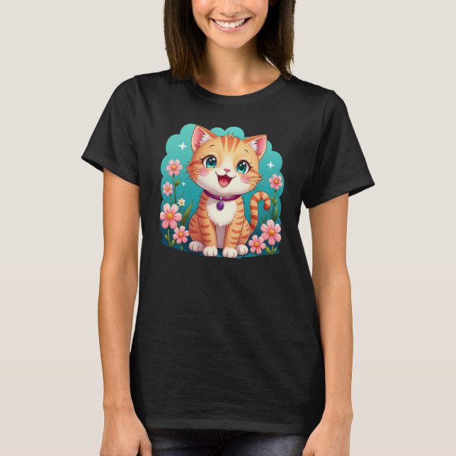 T-shirt Cute Ginger Cat avec Fleurs - Cartoon cat (Devant)