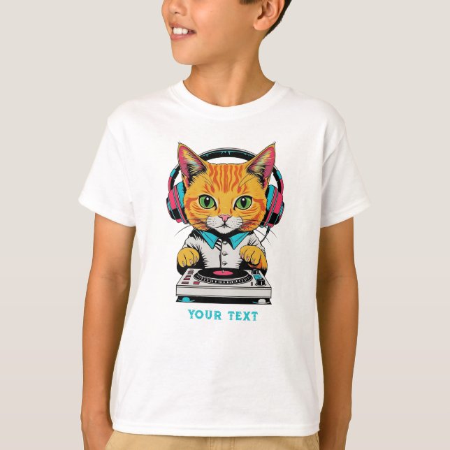 T-shirt Cute Ginger Chat DJ Pop Art Design Casques rétro (Devant)