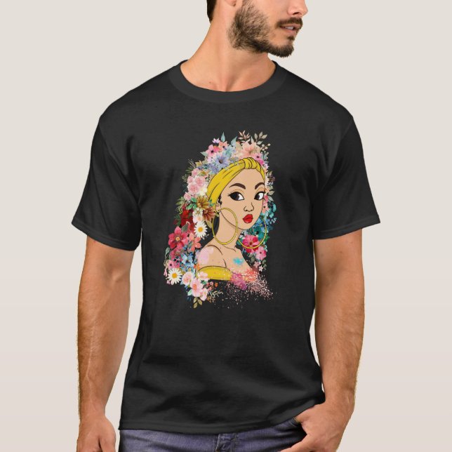 T-shirt Cute Girl Hair Natural Cute Women Flower Hair Moth (Devant)