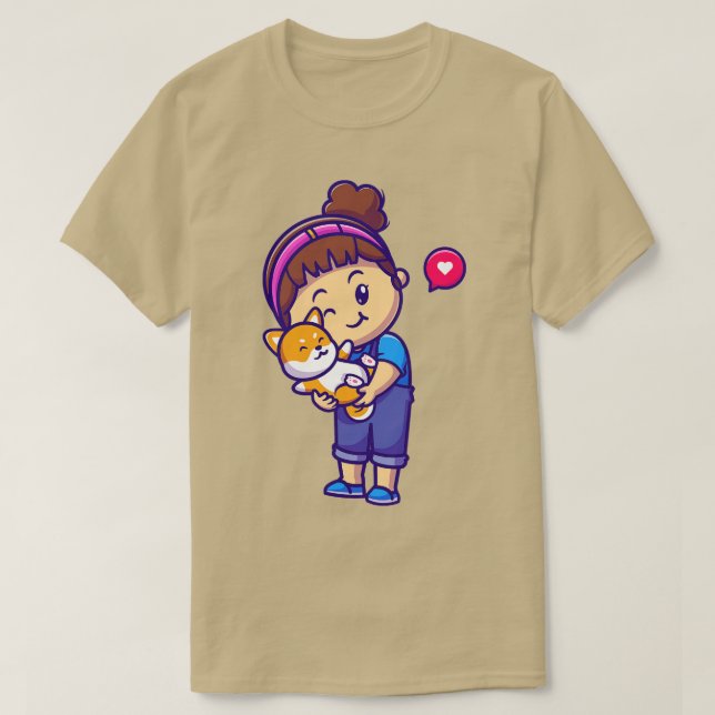 T-shirt Cute Girl Hug Shiba Inu Dog Cartoon 1 (Design devant)