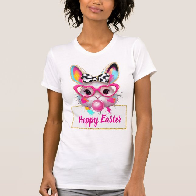 T-shirt Cute Girly Easter Bunny Pink Heart Glasses Custom  (Devant)