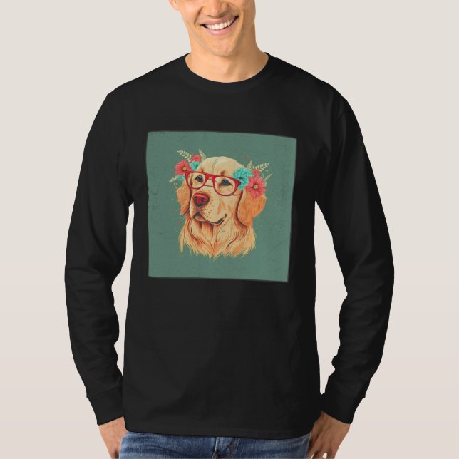 T-shirt Cute Golden Retriever Illustration Floral Glasses  (Devant)