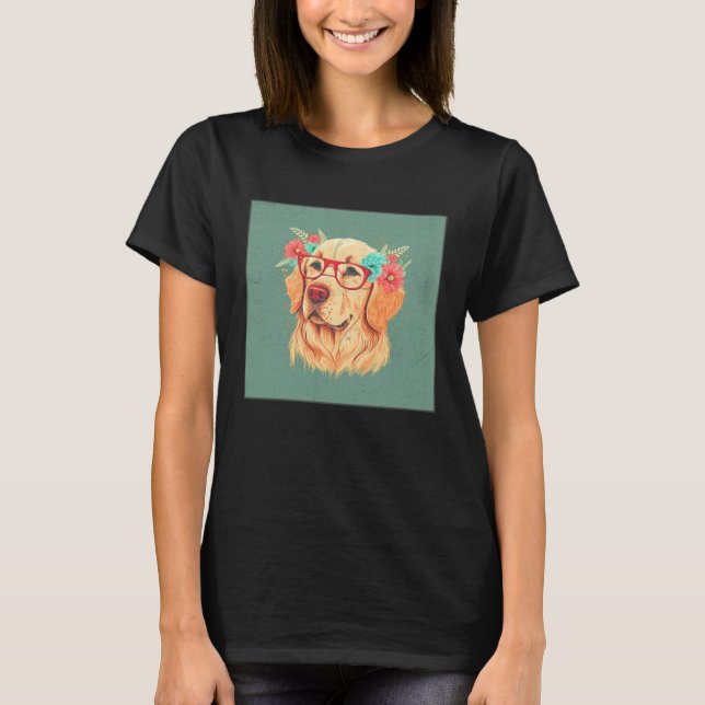 T-shirt Cute Golden Retriever Illustration Floral Glasses  (Devant)