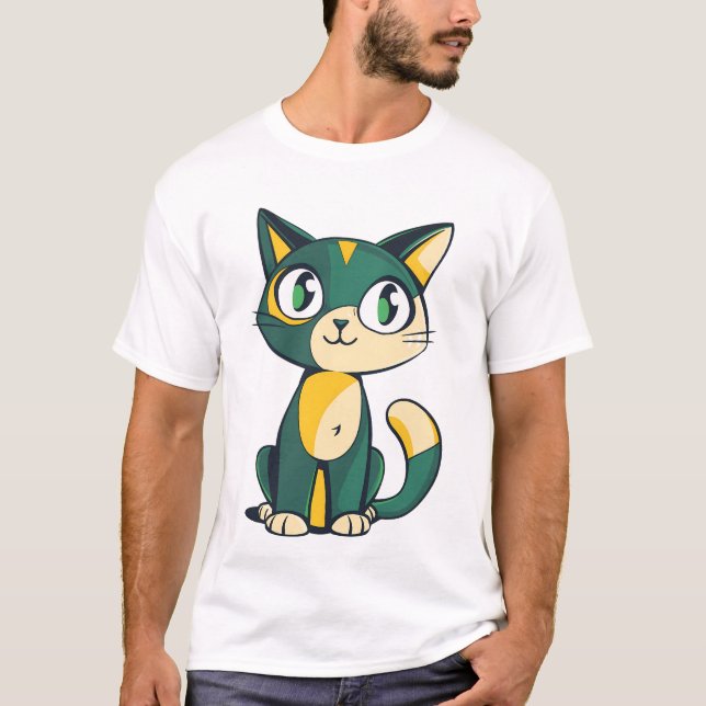 T-shirt Cute Green and Yellow Cartoon Cat Illustration (Devant)