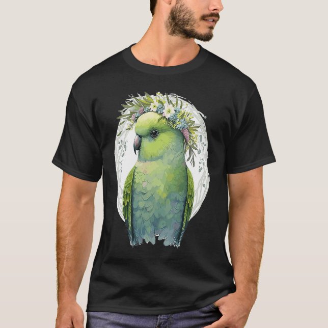 T-shirt Cute Green Budgie Parakeet Bird Flower Crown Pet B (Devant)