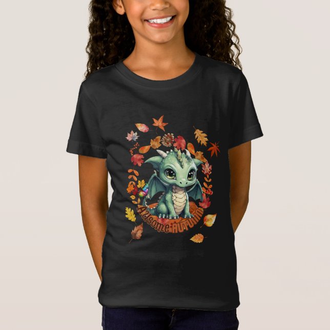 T-Shirt Cute Green Dragon “Autism Awesome Autumn” Design  (Devant)